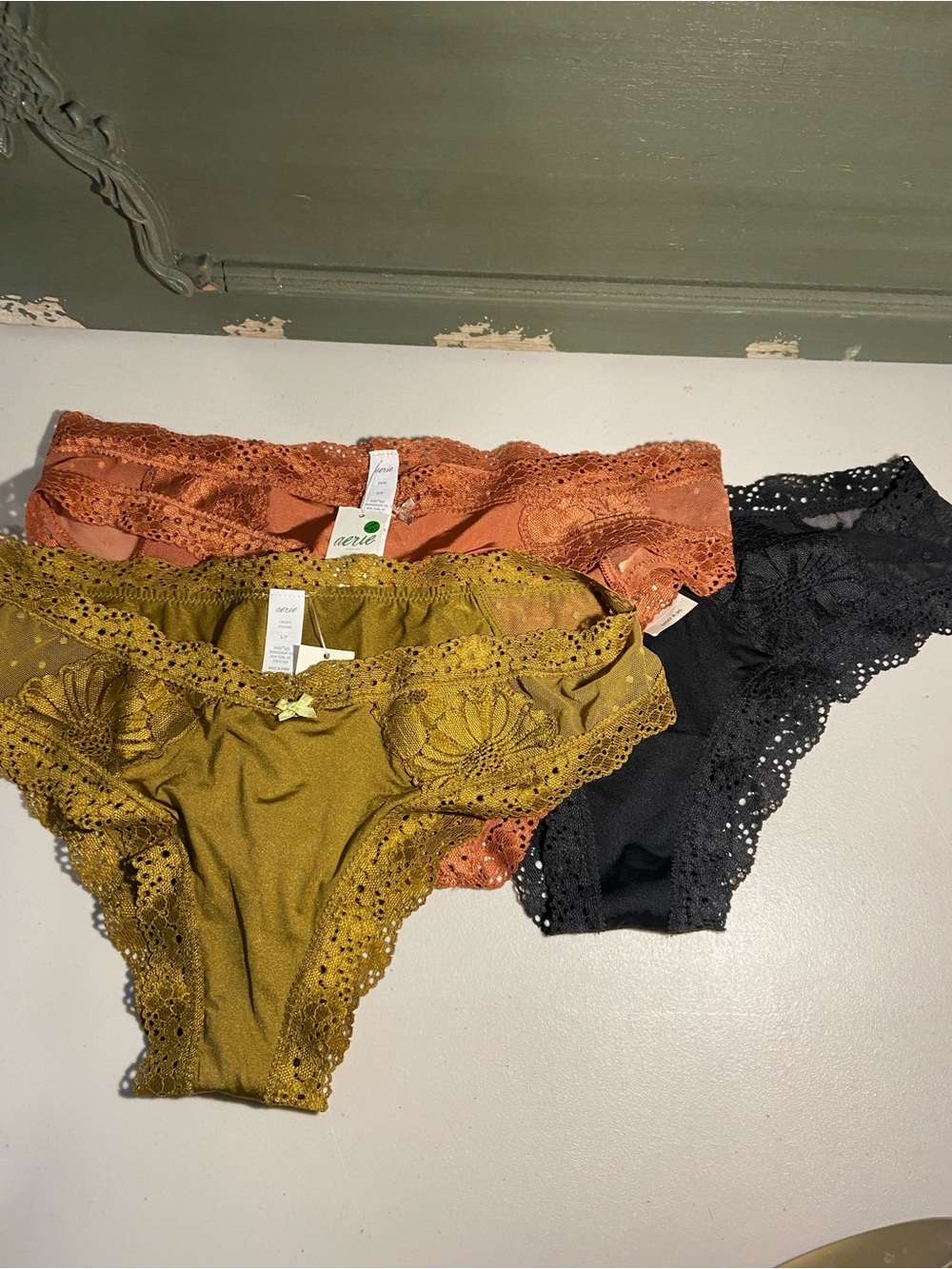 NWT Set 3Aerie Lace-Trim Bikini Bottoms - Mustard, Terracotta, Black